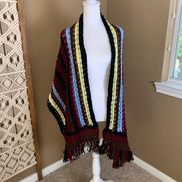 Handmade Crochet Scarf -- blend of maroon, black, brown, blue, yellow - Picture 2 of 10